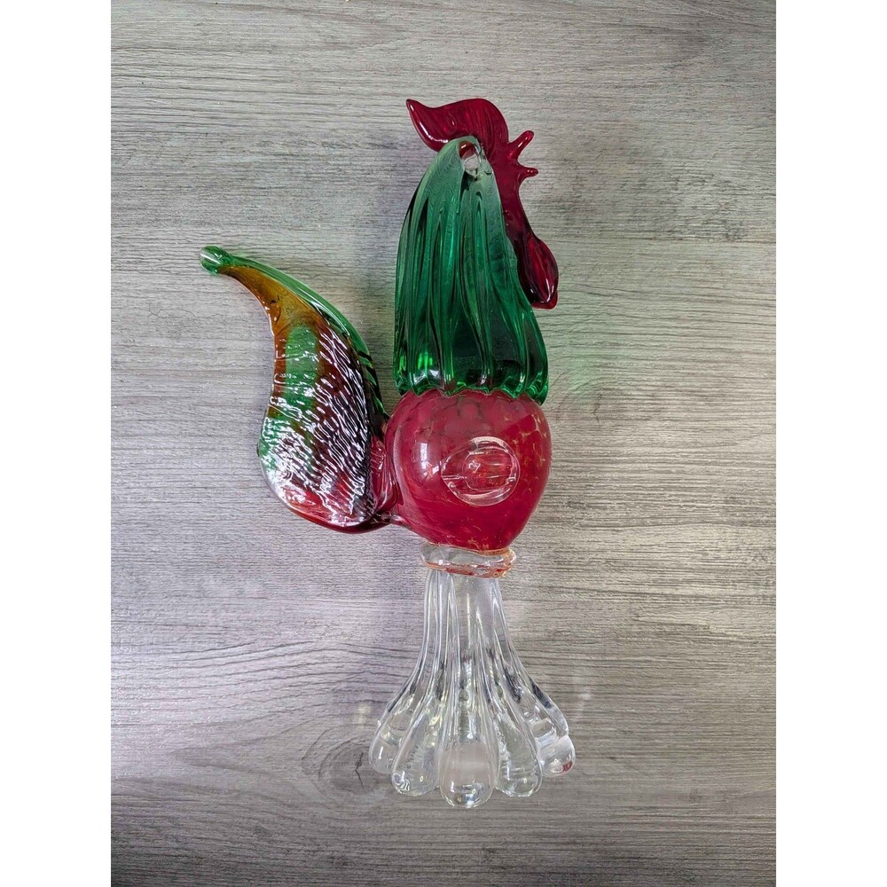 Vintage Hand Blown Art Glass Rooster Figurine Sculpture Murano Style Red Green